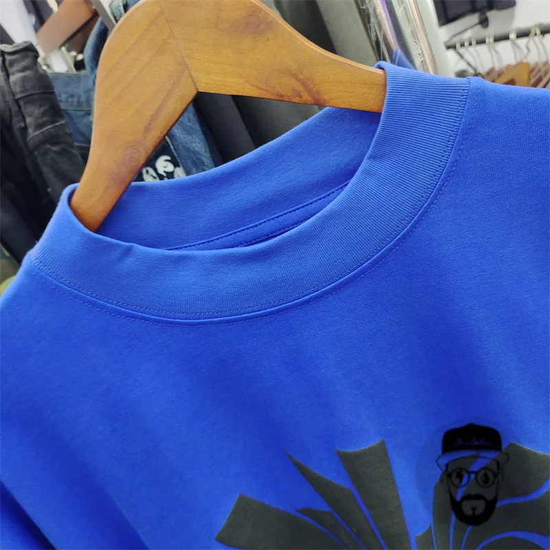 Camiseta de algodón puro azul para hombre y mujer, camiseta informal holgada con estampado de espuma de ojos, casa de errores, 1:1