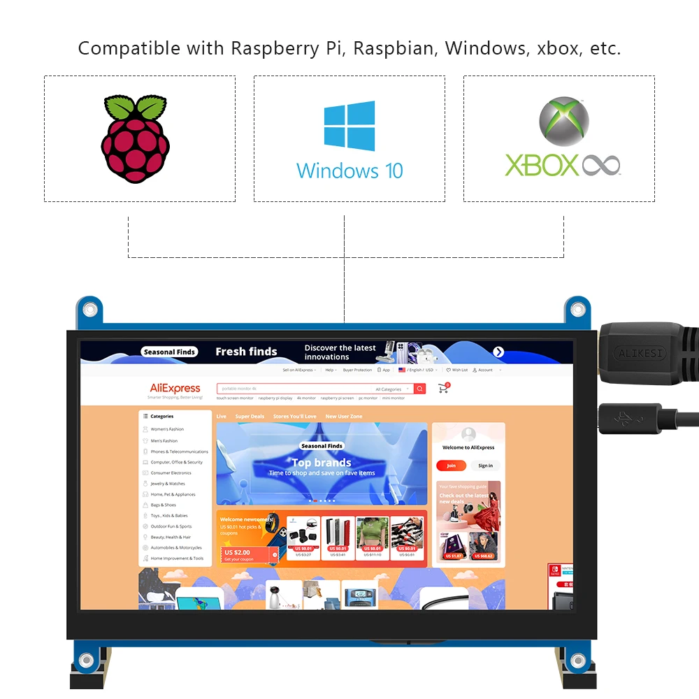 Moniteur tactile portable HDMI, écran LCD TFT, moniteur de jeu pour PC Raspberry Pi 5, compatible inferface pour ordinateur portable, 7 pouces, 1024