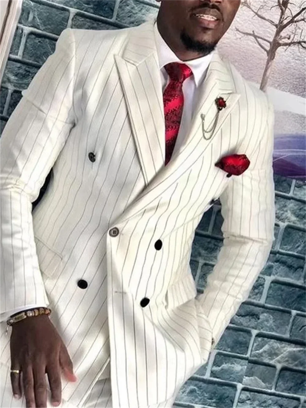 2 Pieces Cream Lvory Men Suits Slim Fit Tuxedos Classic Double Breasted Stripe Business Suit For Wedding Grooms(Jacket+Pants)