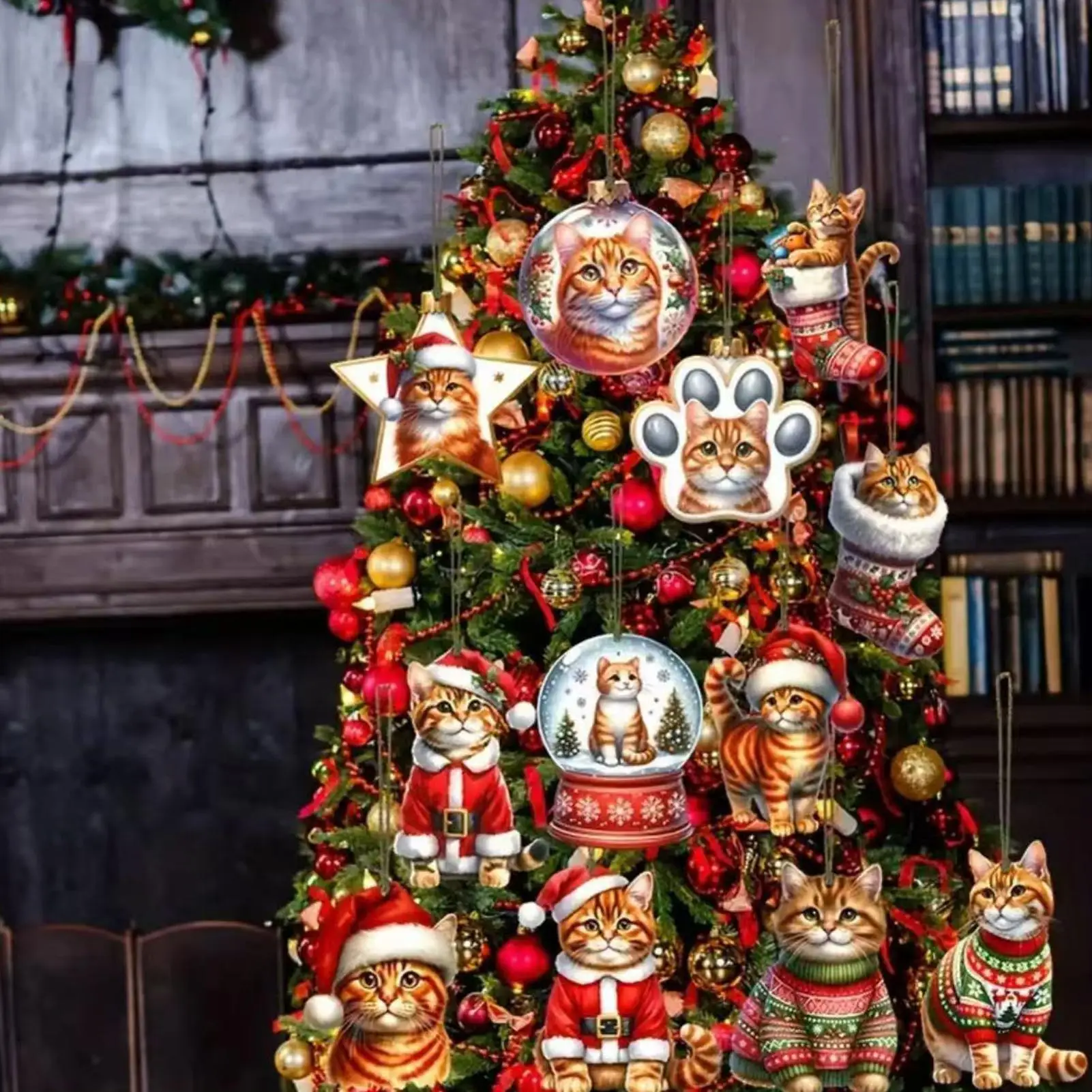 24 peças gato ornamento de natal enfeites de árvore de natal de madeira pingente de férias para casa apartamento sala de estar cozinha