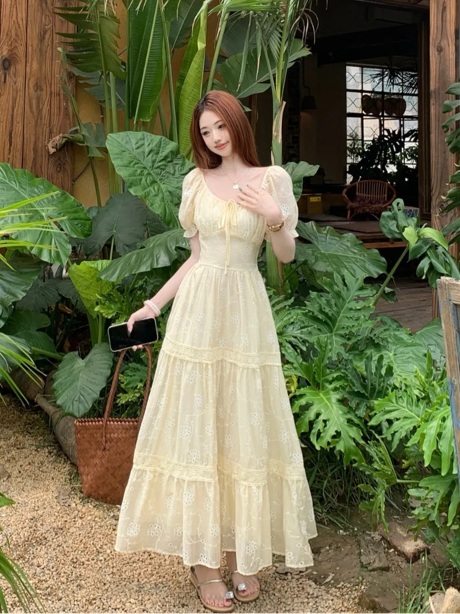 

plus Size Women's Embroidered Square Collar Short Sleeve Long Dress Summer New Style Waist Cinched Elegant Floor Length