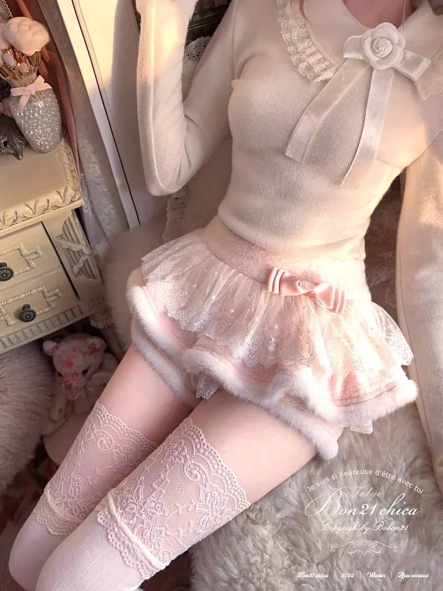 Princess sweet lolita skirt bobon21 Cute plush lace bow woolen skirt pants B2434