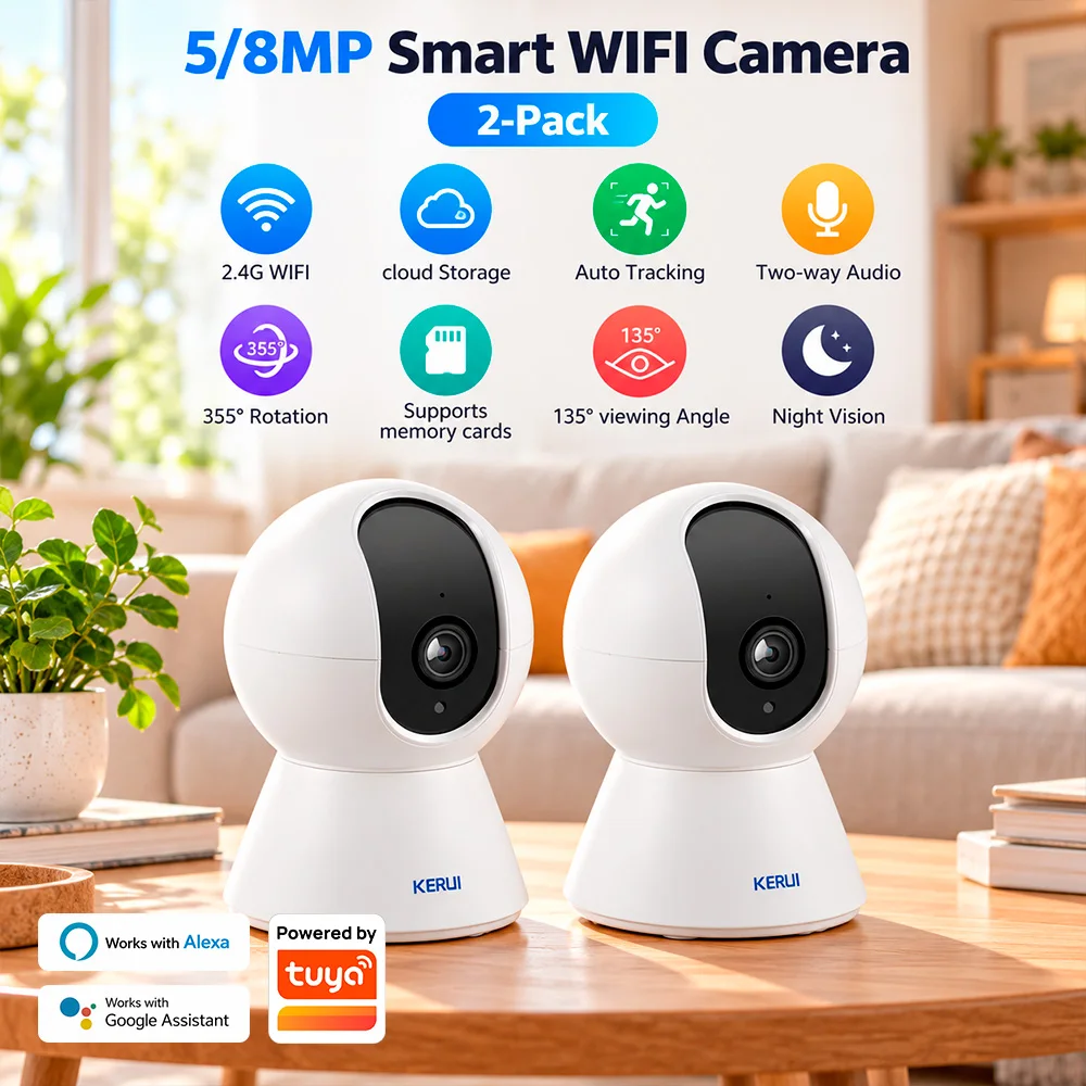 KERUI 1/2/5PCS 5MP/8MP Indoor PTZ Camera Wireless IP Camera Work with Tuya Surveillance Camera Home Security Google Assistant