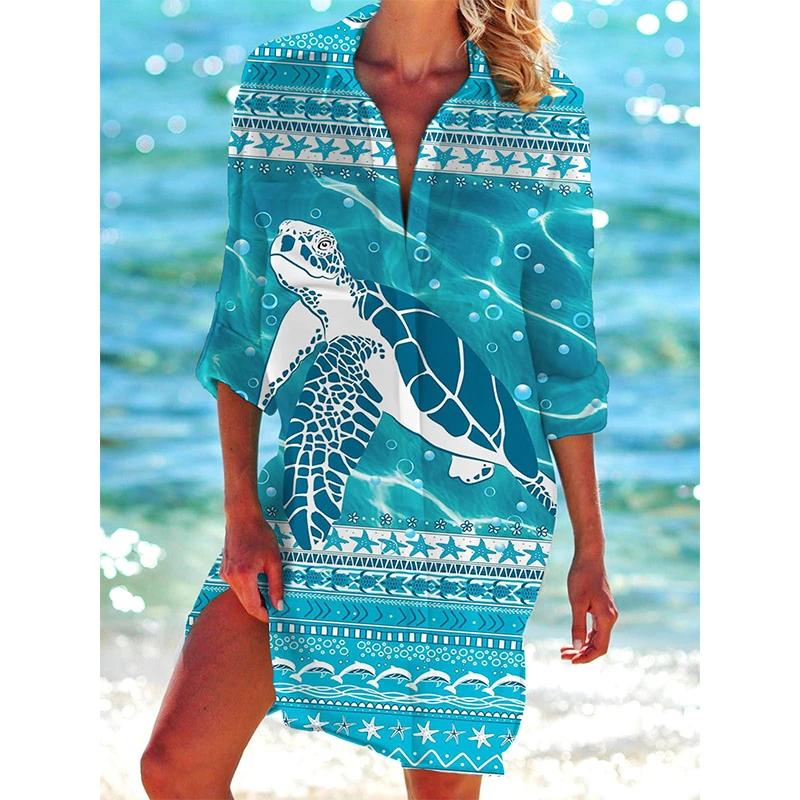 Turtle-pattern 3D printed beach top for summer, women's long-sleeved mid-length shirt, button-up top, blouse, women's clothing