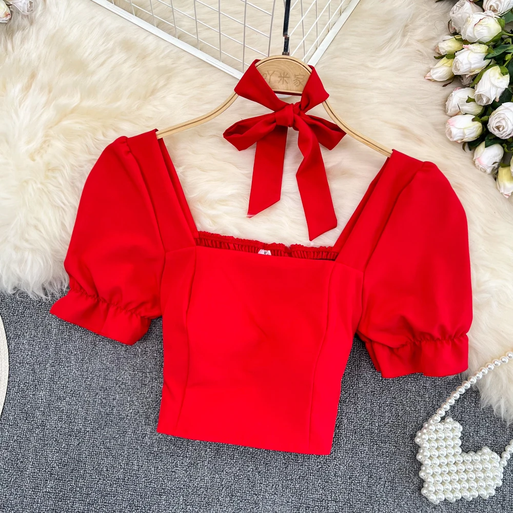 Summer Korean Style Shirt For Women Sweet Square Neck Puff Short Sleeve All-Matched Pullover Shirt Femal Fashion Slim Short Top