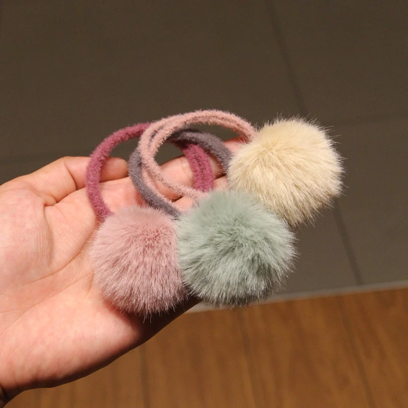 Baby Kids Cute Hair Accessories Headwear Mini Mink Ball Rubber Headbands Girls Children Solid Color Pompon Gum Elastic Hair Band