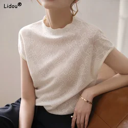 T-Shirts Thin Summer Women's Clothing Pullovers Solid Color Loose Temperament Fashionable Casual Hollow Out Round Neck Elegant