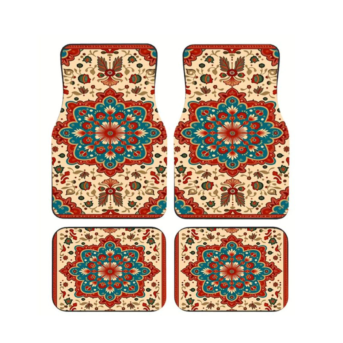 4pcs Ethnic Mandala Floral Car Floor Mats Set Universal Anti-Slip Waterproof Auto Foot Carpets Car Interior Decor For Sedan SUV