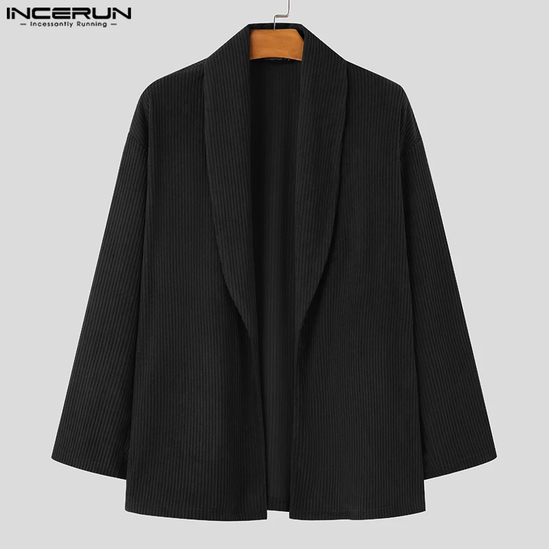 

INCERUN Men Causal Long Sleeve Cardigans 2025 Autumn Loose Fashion Texture Stripes Kimonos Solid Color Elegant Simple Sweaters