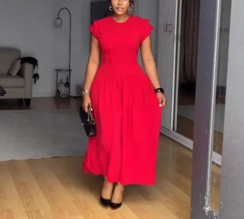 

Solid Color Elegant Round Neck Slim Fit A-Line Dress, Summer Women's Elegant Slim Fit Decorative Dress with Pit Stripes