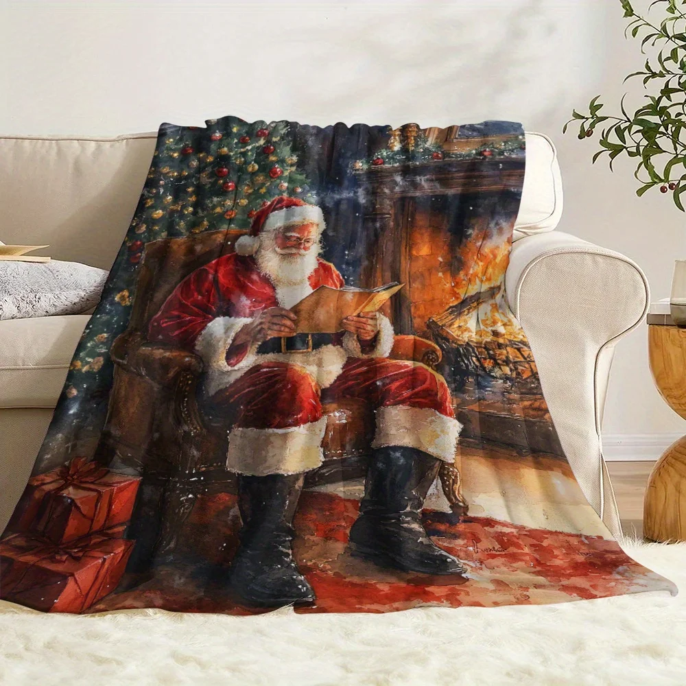 Christmas Santa Claus Holly Print Flannel Throw - Cozy Holiday Design Blanket for Naps Travel Home Decor, Festive Gift