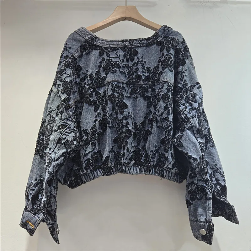 Ladies Cropped Denim Jacket V Neck Zip Front Floral Jacquard Long Sleeve Elastic Hem Loose Casual Short Coat