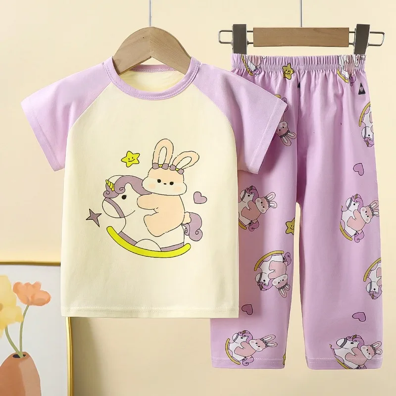 Boys Summer Homewear Set Girls Children Pajamas Baby Home Casual Outfit Kids Toddler Short Sleeve Long Pants Casual Loungewear