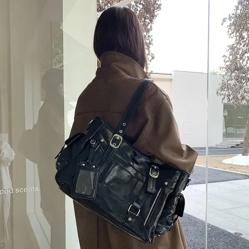 

Y2K Punk Studded Tote Bag Women Large Capacity PU Leather Shoulder Bag Rivet Motorcycle Top Handle Shopper Handbag