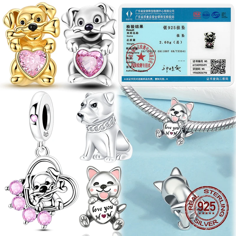 

Подвеска-шарм в виде щенка из стерлингового серебра 925 пробы с розовым сердцем и цирконом, бусина-косточка для браслетов, милый подарок для любительниц собак, украшение для женщин