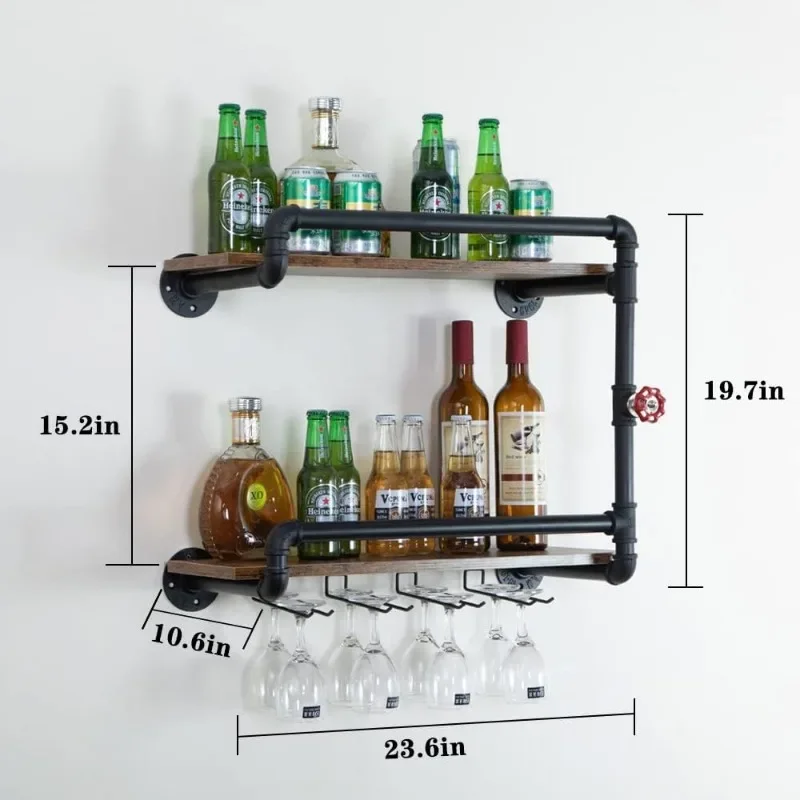 Wine Rack Wall Mounted 2 Tier, Hanging Floating Small Mini Bar Liquor Shelves with Glass Holder Storage Under, Industrial Rustic