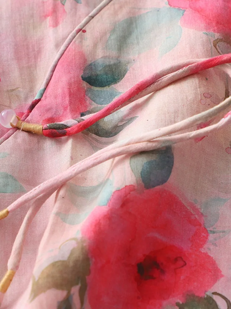 Retro chino algodón lino irt verano estampado suelto adelgazante té disfraz irt Overhead Zen mujer Faion redondo Ne botón...