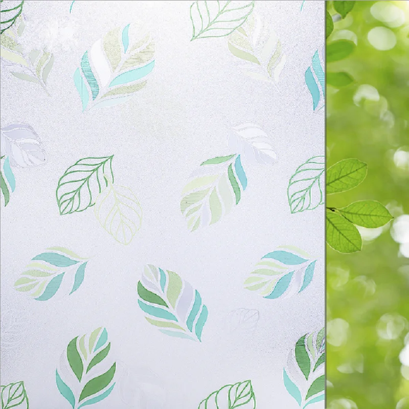 Green Leaf Pattern Glass Sticker PVC Electrostatic Decorative Water-Proof No Glue Removable Reusable Glare-Reduction Window Film