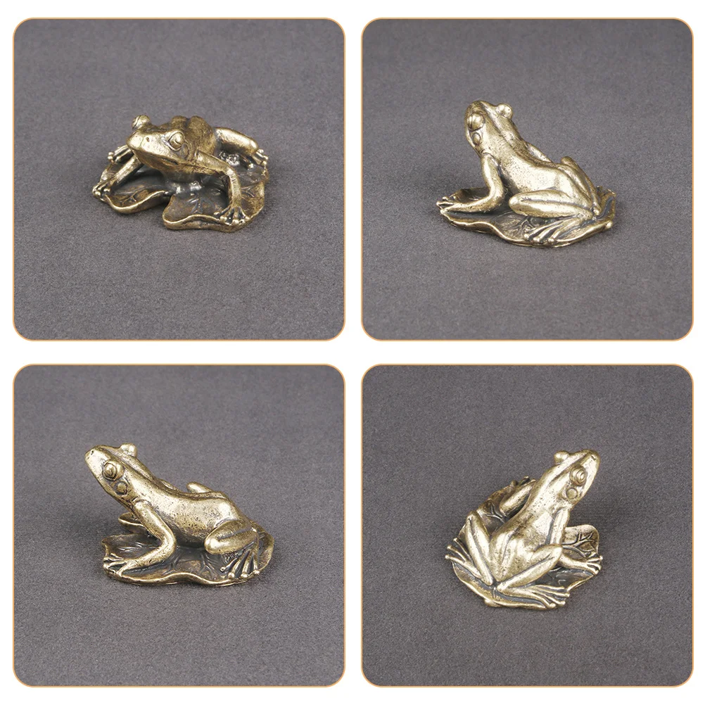 

Vintage Style Brass Lotus Leaf Frog Desktop Ornament Compact Tea Pet Decor for Home Office Table Brass Frog Figurine