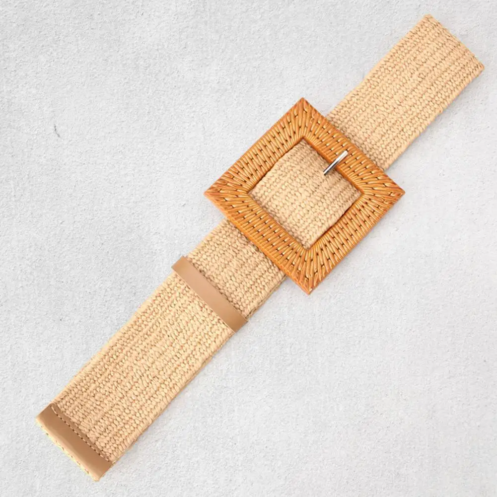 Square Buckle Braided Waist Belt Women Adjustable Bohemia Dress Belt Straw Square Buckle Waistband Clothes Ornament