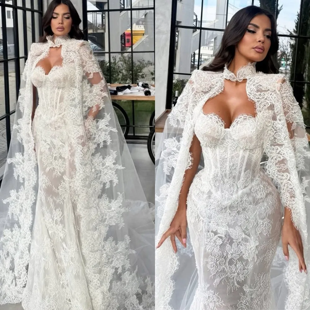 Vintage Mermaid Wedding Dress Sweetheart Neck Sleeveless Wrap Bridal Gowns Lace Sweep Train Dresses Custom Made vestidos