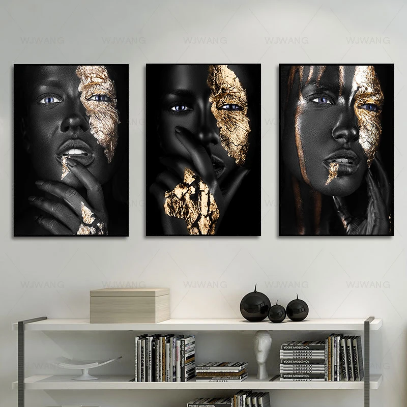 

African Art Black Gold Woman Fashion Poster Canvas Prints Modern Art Portrait Painting Wall Pictures for Living Room Home Decor