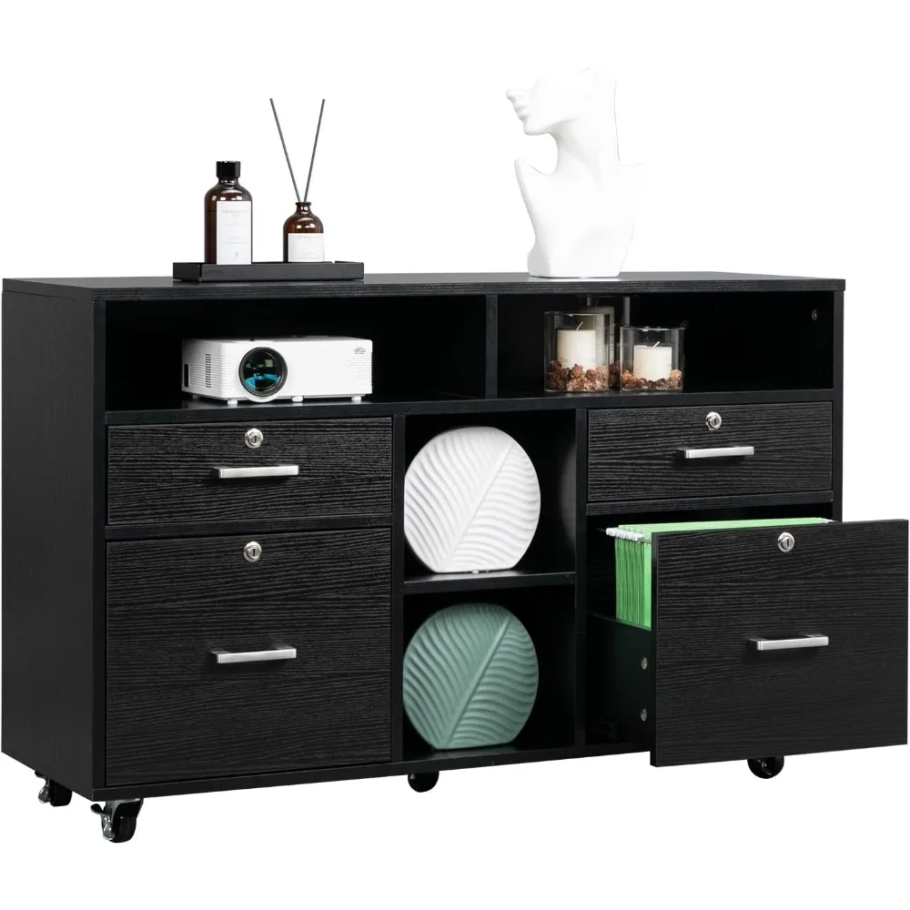 

Деревянный мобильный картотечный шкаф с 4 ящиками и полками, подставка для принтера с открытым хранилищем, запирающийся боковой шкаф для документов для дома O