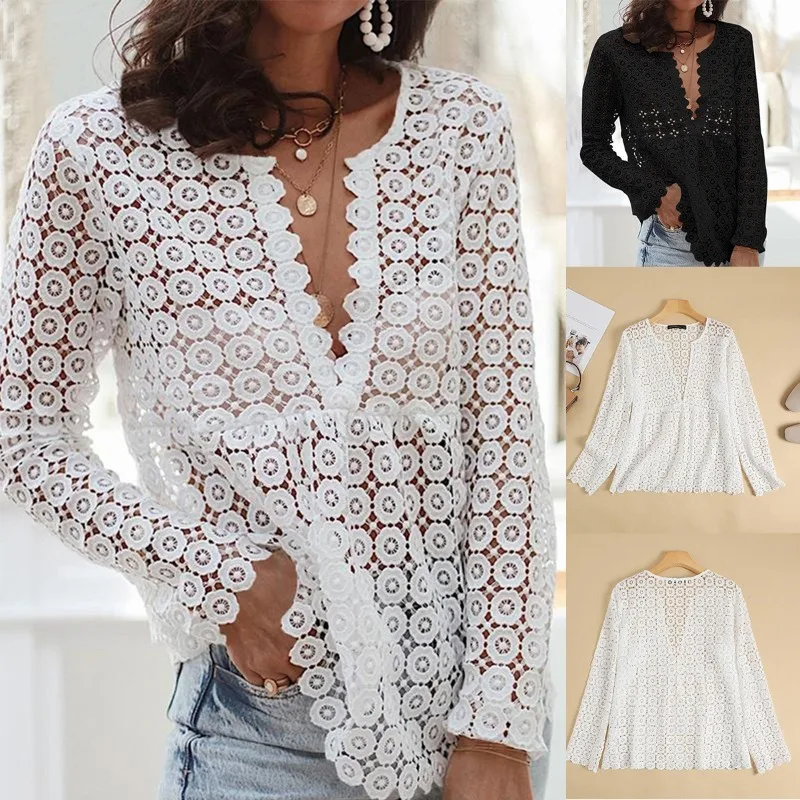 

New Summer Deep V-neck Shirt with Hollowed Out Beach Transparent Long Sleeved Casual Lace Beach Resort Style Top