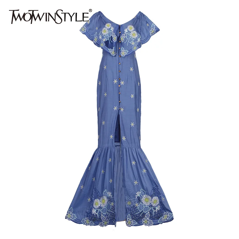 

TWOTWINSTYLE Embroidery Floral Maxi Dress Women Ruffle Slash Neck Off Shoulder Sexy Split Slim Dresses Summer Female 2022 New