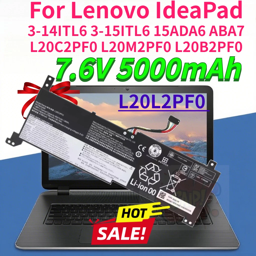 5000mAh L20L2PF0 Laptop Battery for Lenovo IdeaPad 3-14ITL6 3-15ITL6 15ADA6 ABA7 L20C2PF0 L20M2PF0 L20B2PF0 Notebook Battery