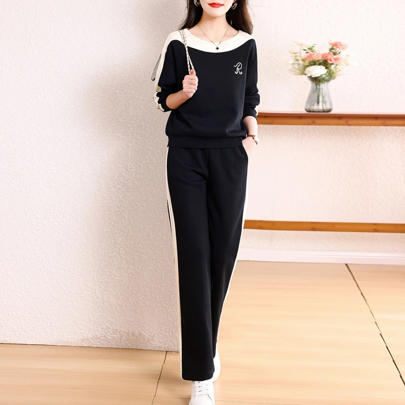 2-Piece Embroidery Sweatsuit for Women Loose Casual Set Sporty Outfits Wide-leg Pants Tracksuit Autumn and Winter 2023