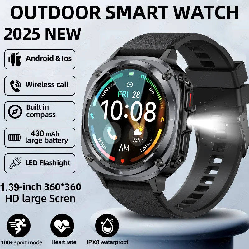 DAORKOW2025 신형 남성용 스마트워치, IPX8 방수, LED 조명, 블루투스 통화, 심박수, 수면 모니터링, 스포츠 스마트워치