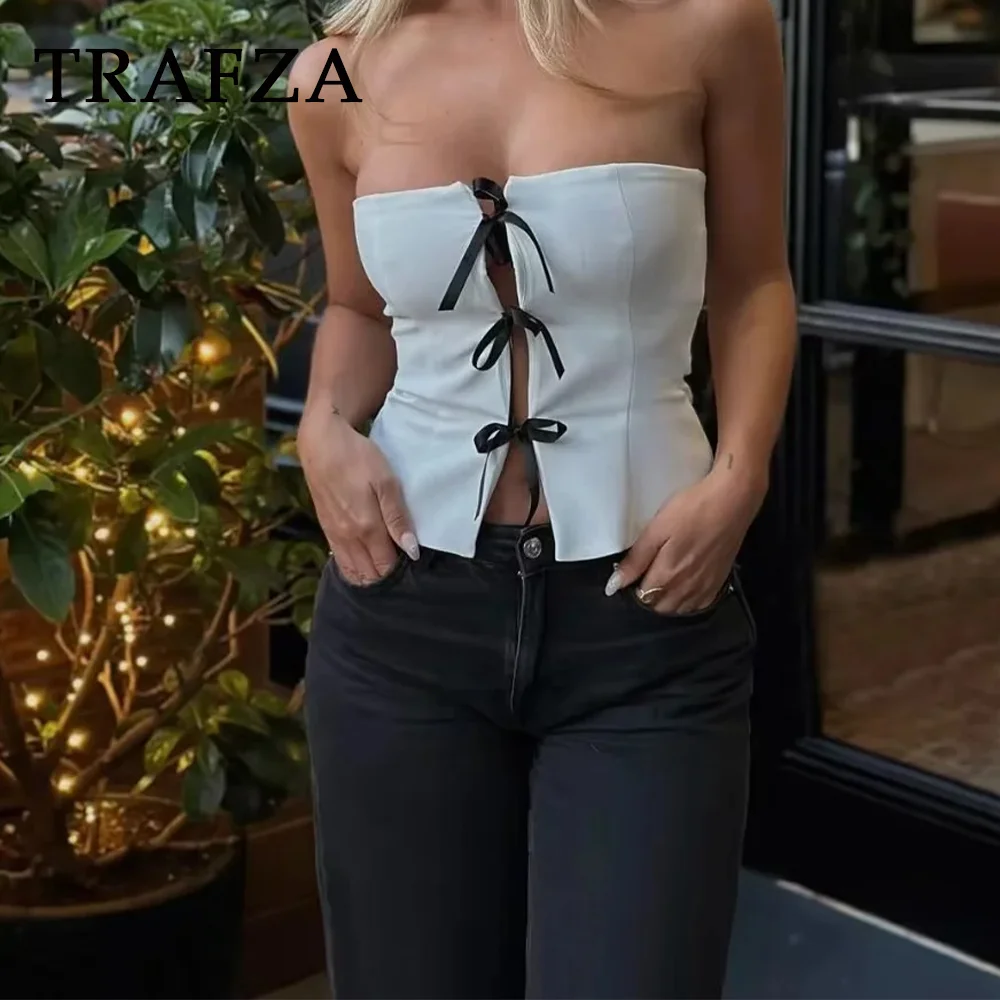 TRAFZA 2024 Spring Summer Streetwear Women Tops Fashion Casual Solid Strapless Sleeveless BOWtie Zipper Chic Ladies Tops