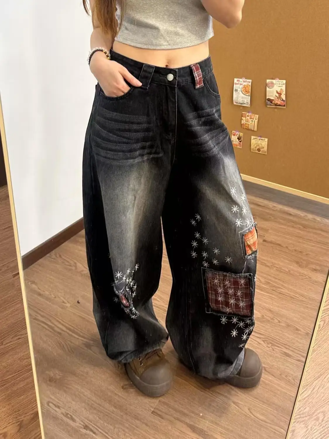 

American Retro Plaid Splicing Embroidered Straight Jeans Women Summer New Design Loose Slim Draped Floor Pants