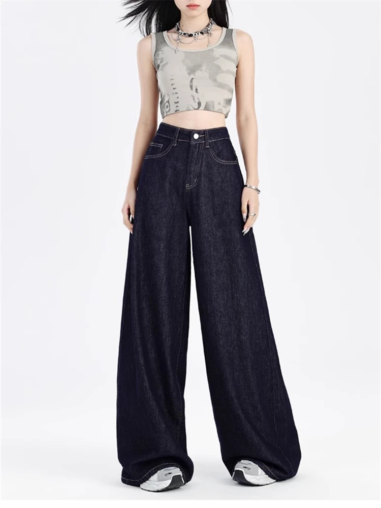 

Women's Baggy High Waisted Deep Blue Denim Trousers Cool Girl Solid Color Straight Pants Female Casual Loose Wide Leg Jeans