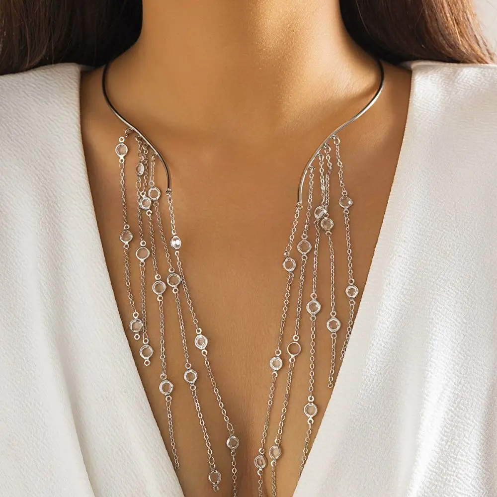 Fashion Sexy Long Tassel Star Crystal Sequin Open Torques Choker Necklace For Women Vintage Imitation Pearl Pendant Chest Chains