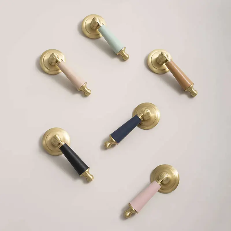 Leather with Brass Wardrobe Pulls Kitchen Cabinet Handles Multicolor Drawer Knobs Single Hole Modern Furniture Hardware 1 piece