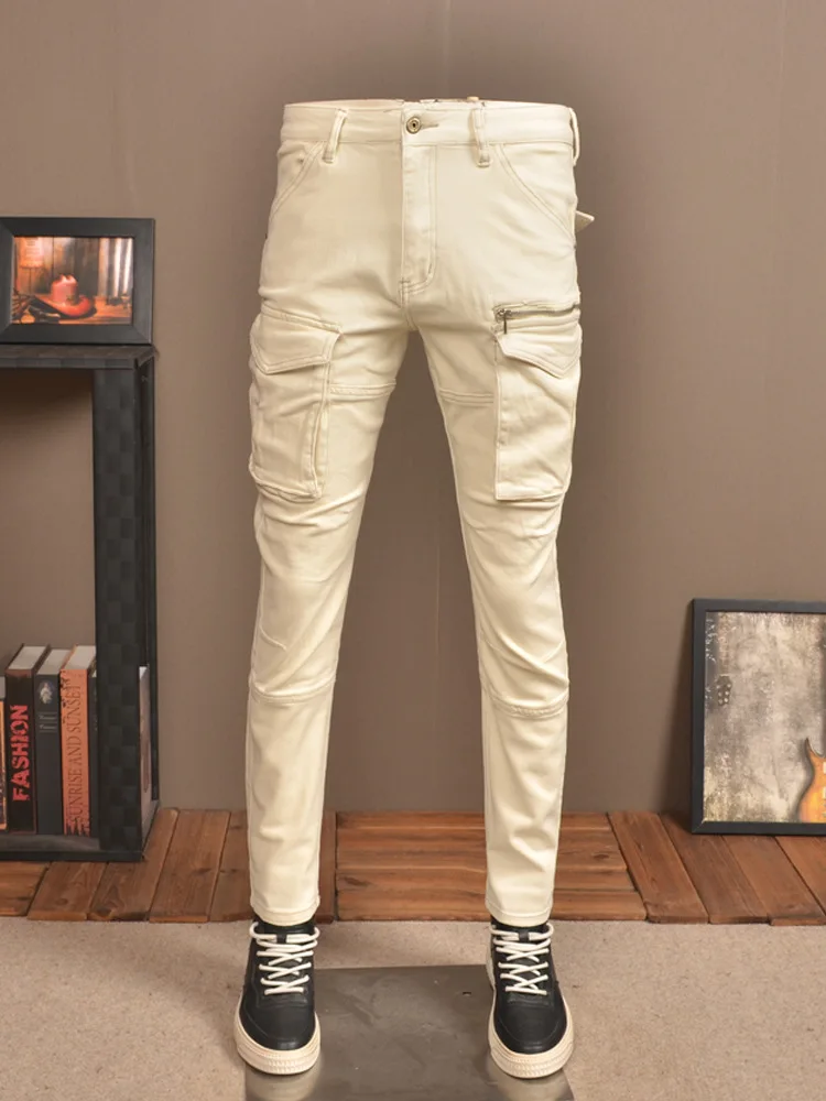 Beige Retro Patchwork Jeans Men's Multi-Pocket Design High-End Stretch Slim Street Leisure Cargo Motorcycle Pants