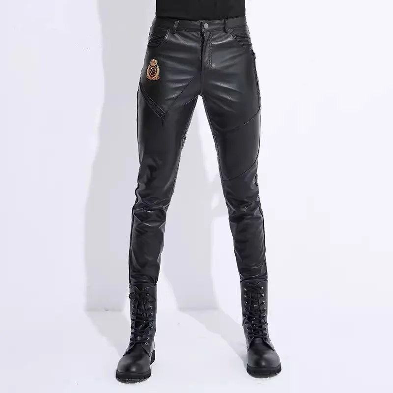 Men's Leather Pants, Motorcycle, Genuine Sheepskin Pants, Windproof, Warm Knight Pants, Slim, Cool, Sheepskin, Autumn, Winter