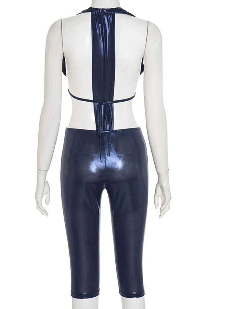 Beyprern Sexy Glanzend Metallic Bandage Twee Stukken Korte Set Vrouwen Solid Halter Mouwloze Halter Top En Shorts Suits Club Party