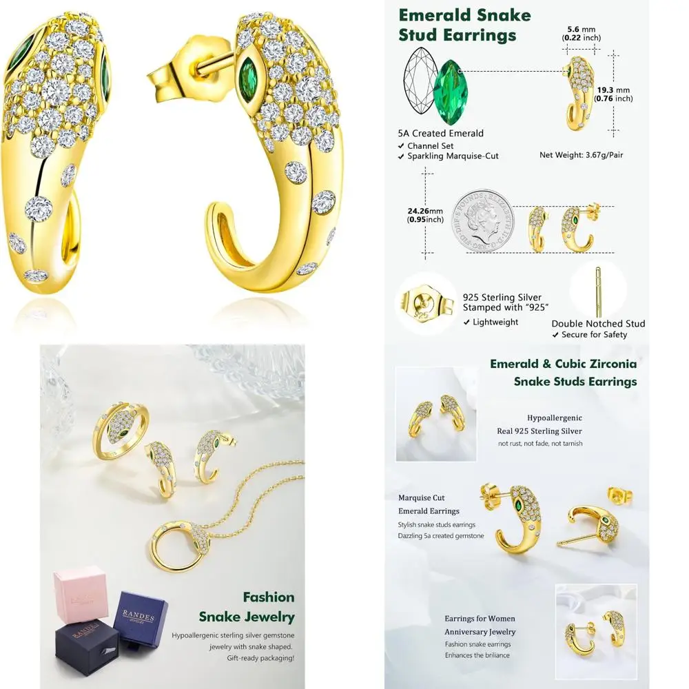 

14K Gold Plated Sterling Silver Emerald Studs Snake Design Half Hoop Earrings with Cubic Zirconia Accents