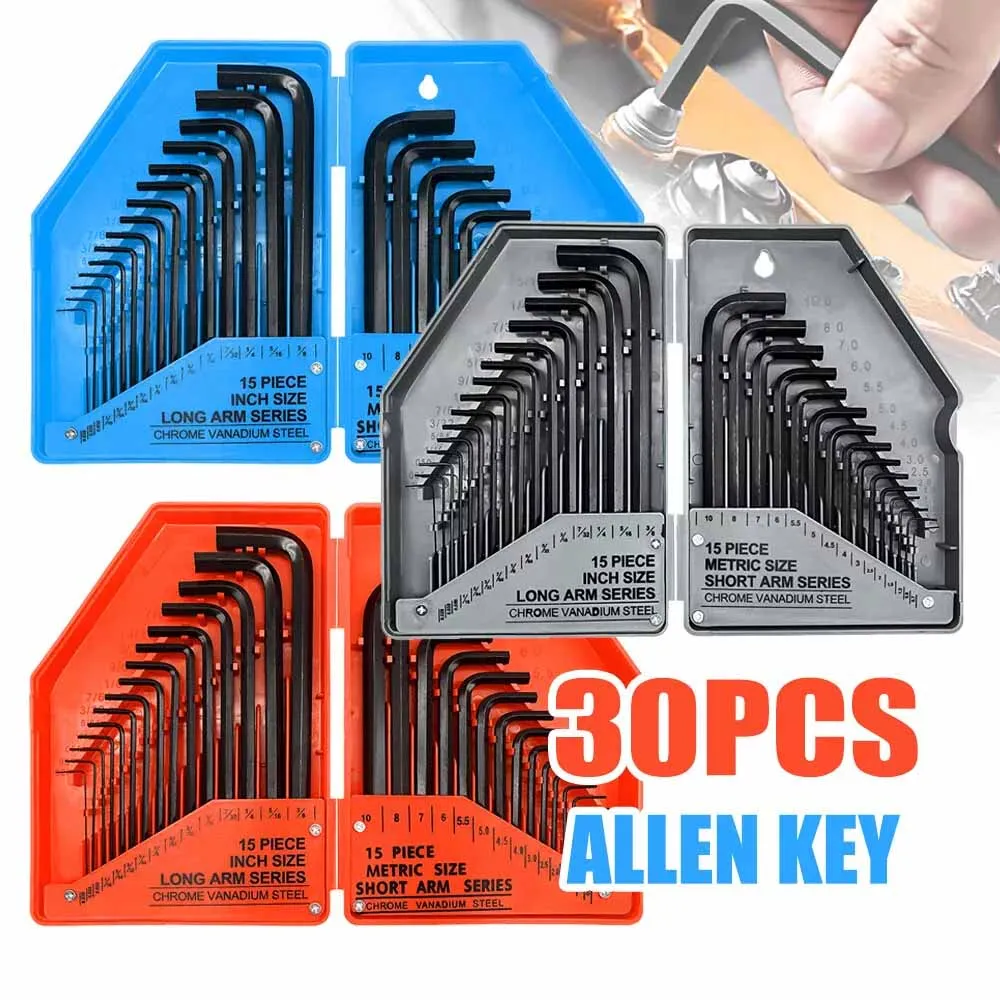 30Pcs Imperial & Metric Hex Allen Key Set Long & Short Arm Allan Alan Alen Hexagonal Steel Wrench Key Kit with Carry Case