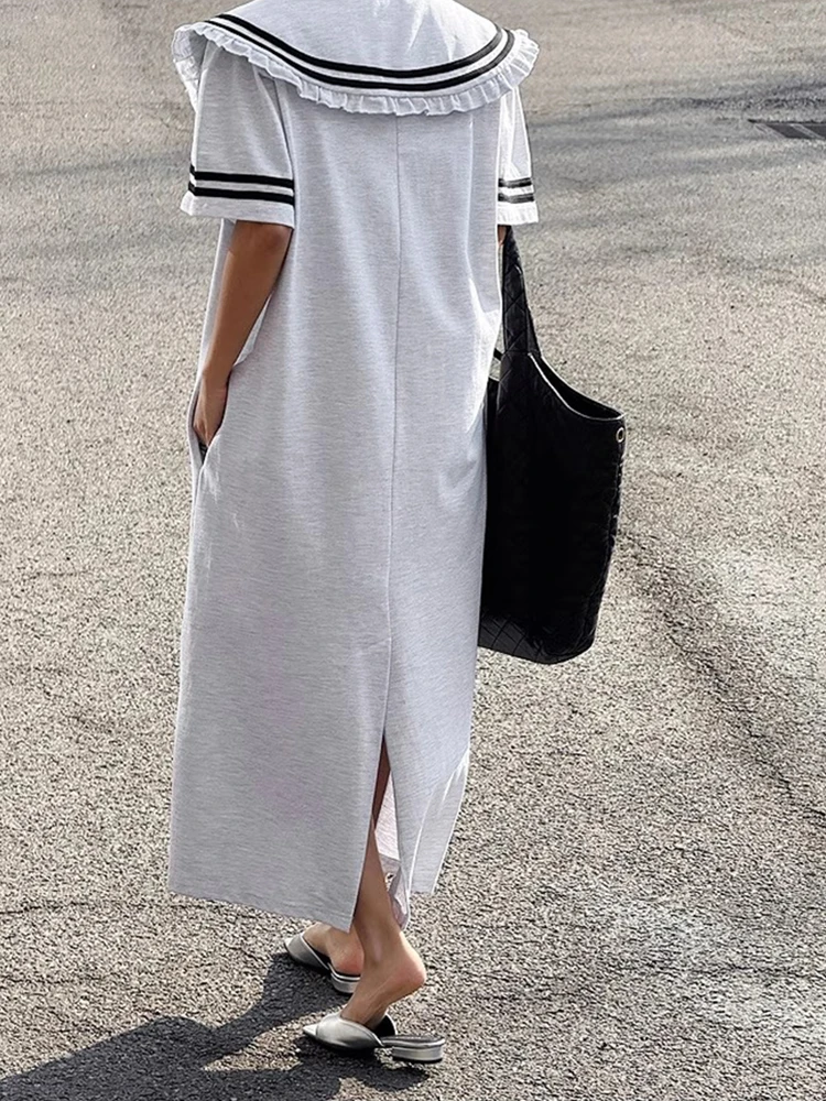 فستان SuperAen بياقة كحلي قابل للفصل للنساء صيفي جديد فضفاض بأكمام قصيرة تي شيرت طويل