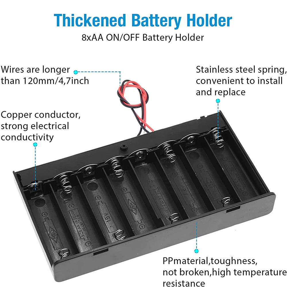 1 Pack 8 x AA 12V Battery Thicken Holder Base Box Wired Case with ON/OFF Switch and Cover for Wall Clocks Ham Radio Kids Toys