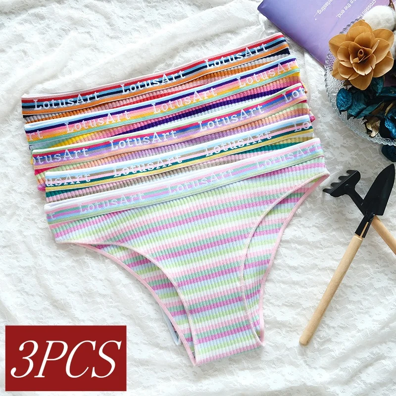 3Pcs/Set Cotton Panties For Women Colorful Striped Seamless Briefs Low Rise Bottoms Female Sports Underpants Sexy Lingerie