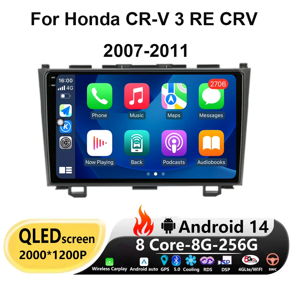 

Автомагнитола на Android 14 для Honda CR-V 3 RE CRV 2007-2011 Carplay, автомобильный мультимедийный видеоплеер, навигация, стерео, GPS, DSP, головное устройство