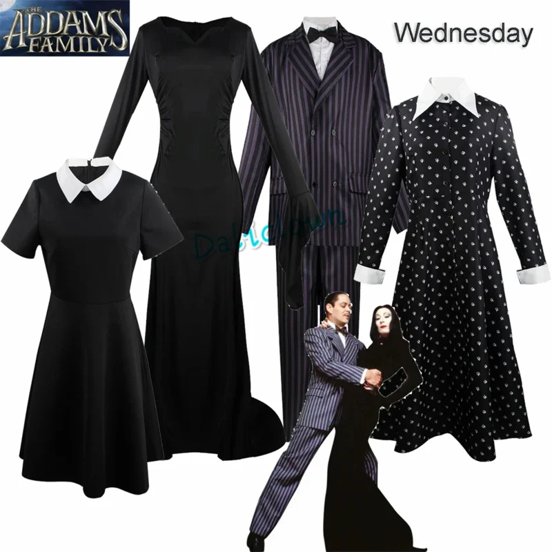 Wednesday Addams Costume Kids Girls Morticia Maxi Dress Gown Women Gomez Cosplay Outfit Family Party Prom Halloween Suit Wig AS6