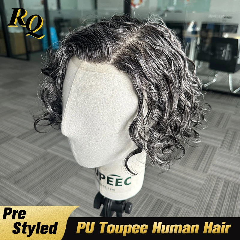 

Men's Toupee Human Hair Pre Styled Natural Wavy Toupee For Men PU Base Toupee Hair Replacement System Piece Long White Hair Male