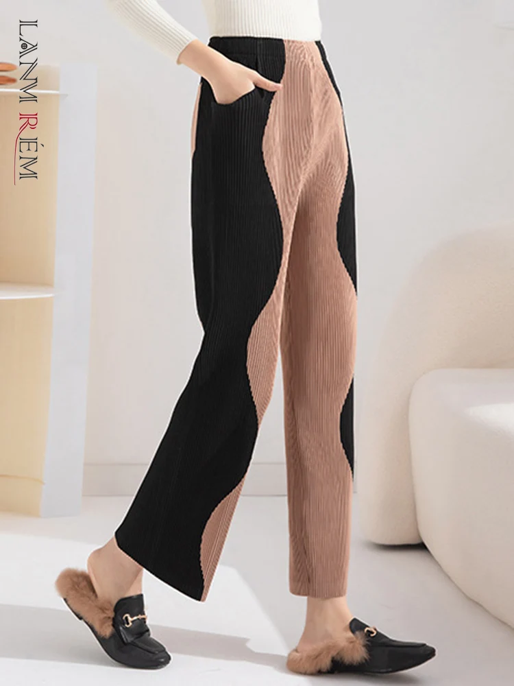 

LANMREM Pleated Contrast Color Plant For Women Elastic Waist Straight Casual Vintage Loose Trousers 2024 New Spring 2L2215