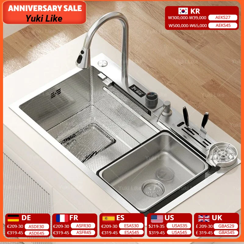 

Intelligent Digital Display Waterfall Large Single Slot Stainless Steel Kitchen Sink Multifunctional Wash Dish Vegetables Basin